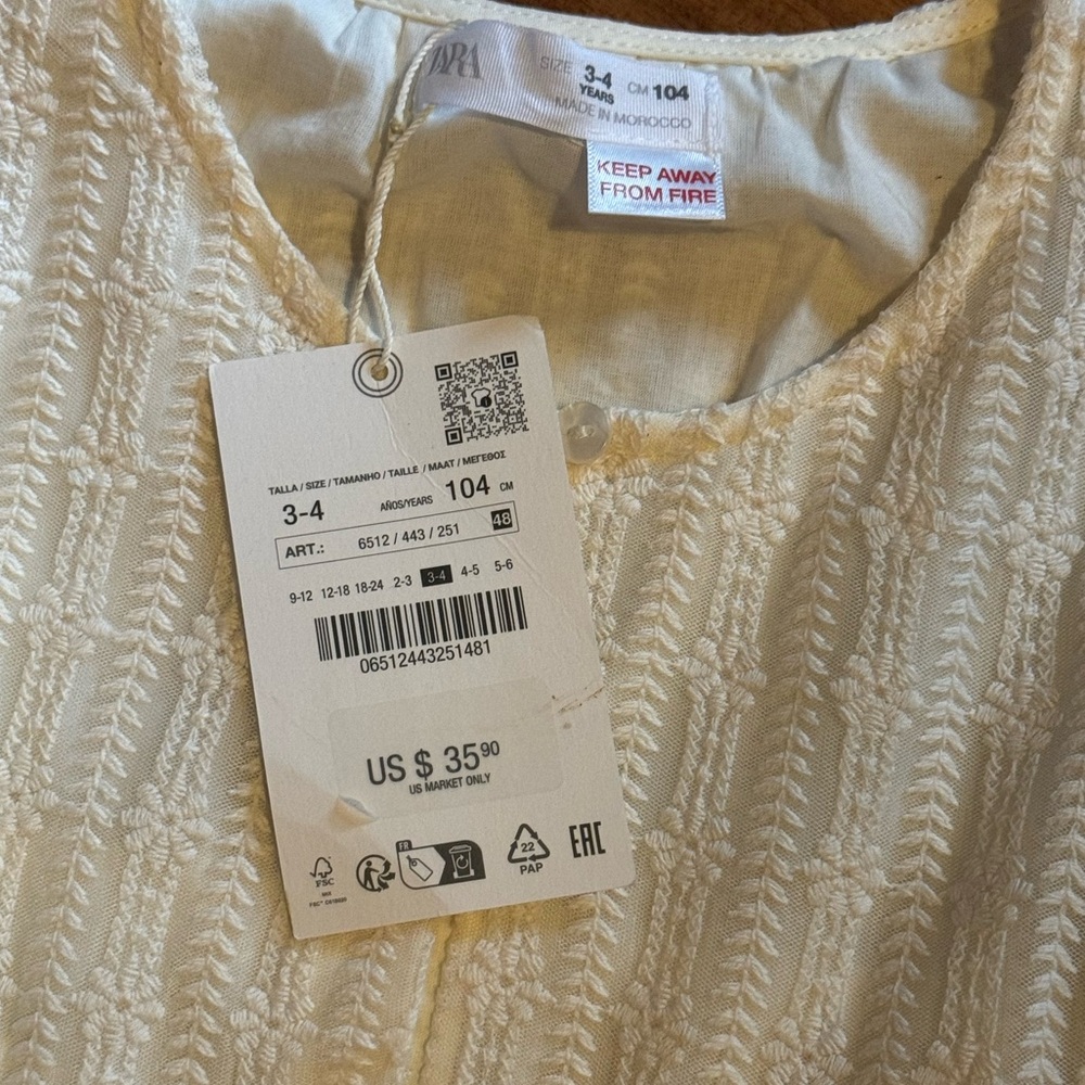 NWT ZARA Long Sleeve Mesh White Dress. 3-4 Years Old. - Picture 3 of 3